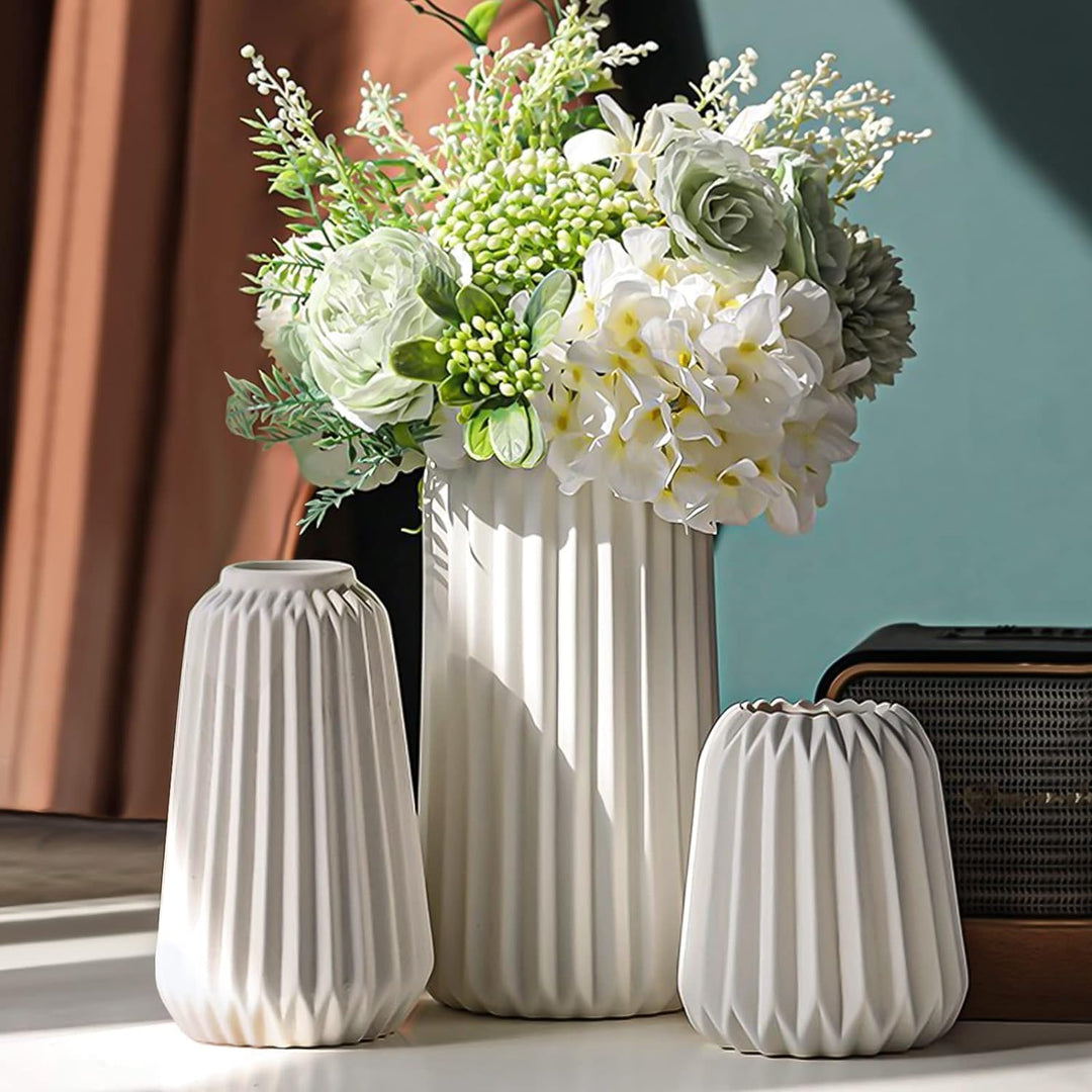 White Ceramic Vase home Decor Set of 3