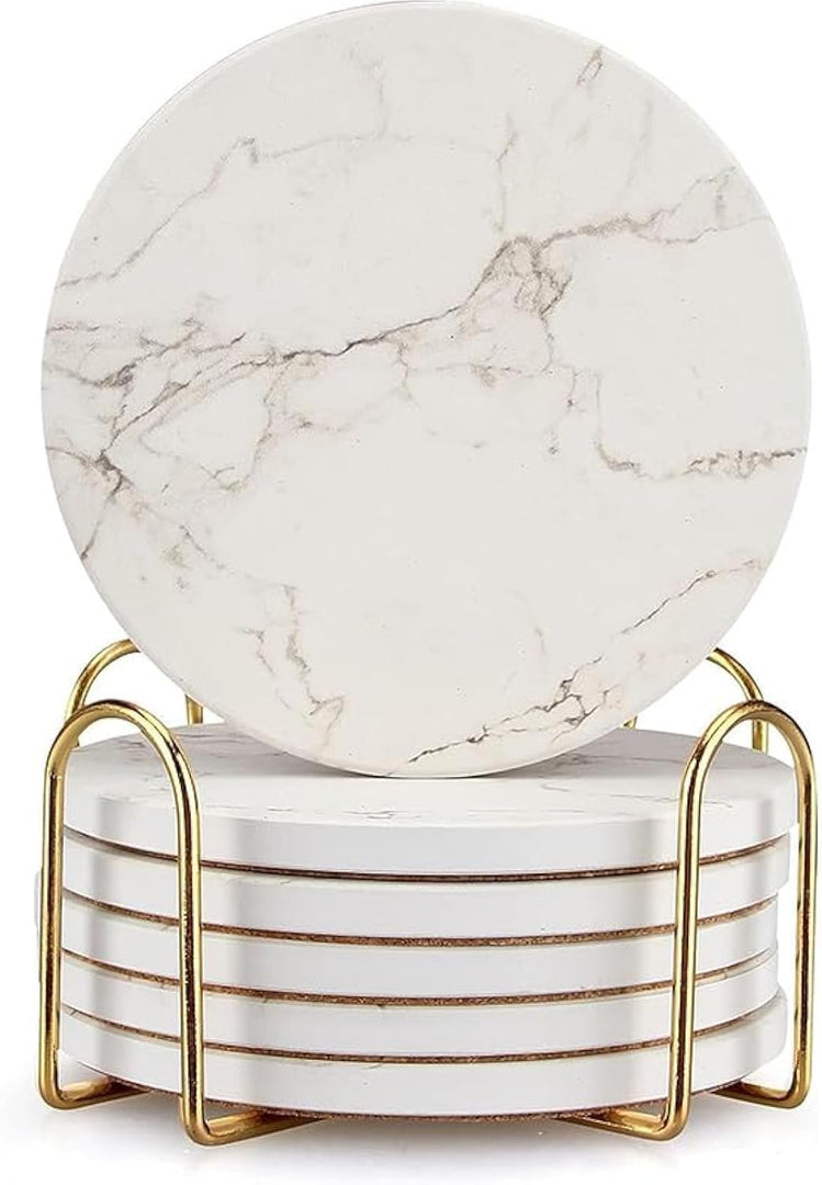 White Marble Coasters Set of 6 with Holder