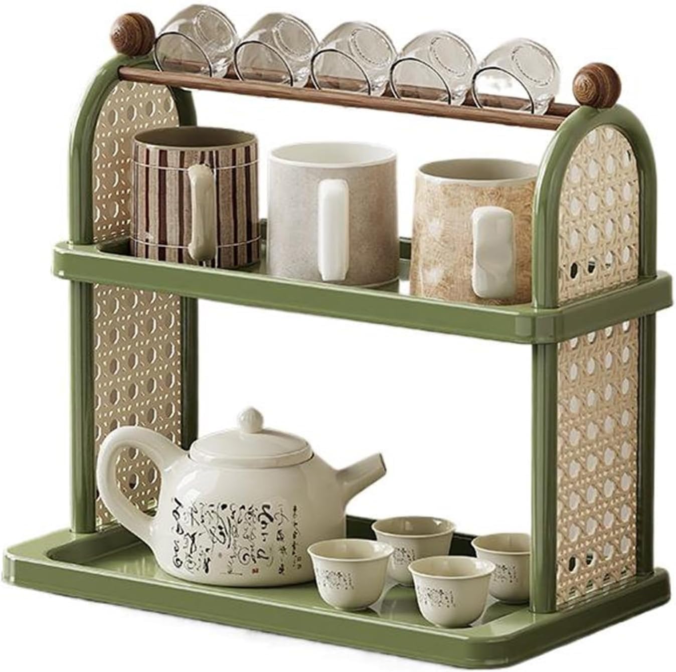 Vintage Floral 2-Tier Desktop Organizer – Large Capacity Storage Shelf (Green)