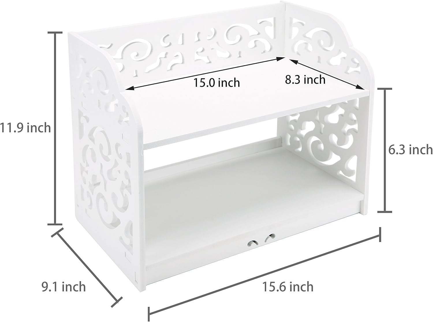 Vintage 2-Tier Scrollwork Desktop Organizer Shelf – White WPC Storage Rack
