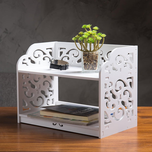 Vintage 2-Tier Scrollwork Desktop Organizer Shelf – White WPC Storage Rack