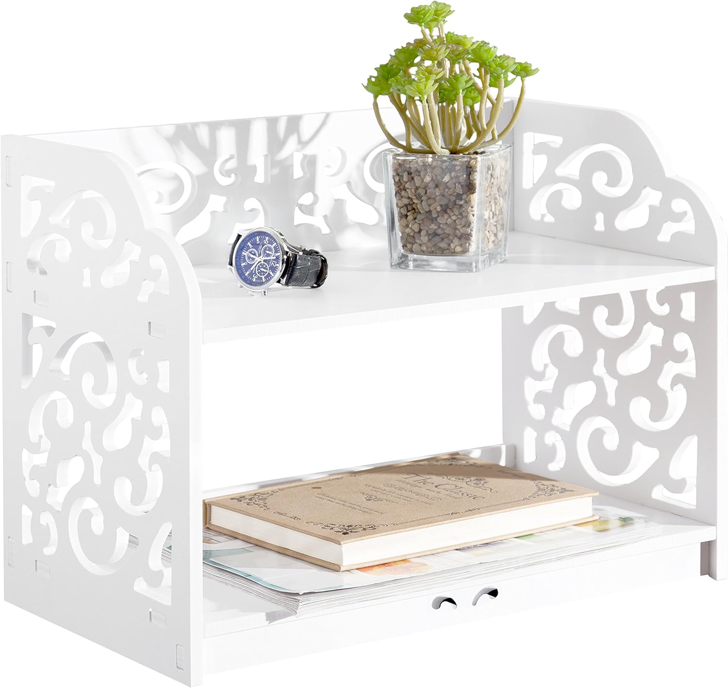 Vintage 2-Tier Scrollwork Desktop Organizer Shelf – White WPC Storage Rack