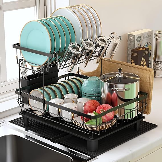 2-Tier Dish Drainer Rack with Drip Tray & Utensil Holder – Stainless Steel
