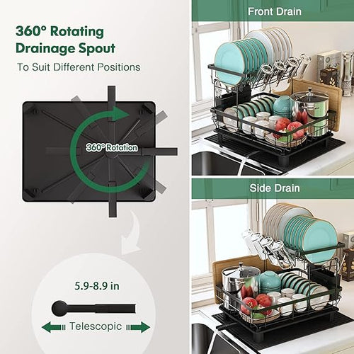 2-Tier Dish Drainer Rack with Drip Tray & Utensil Holder – Stainless Steel