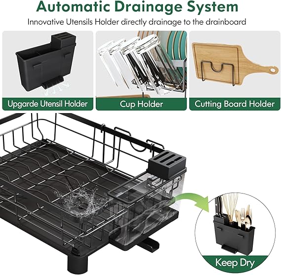 2-Tier Dish Drainer Rack with Drip Tray & Utensil Holder – Stainless Steel