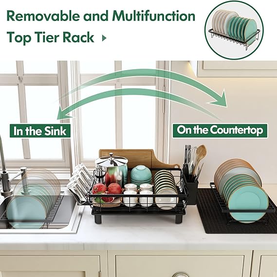 2-Tier Dish Drainer Rack with Drip Tray & Utensil Holder – Stainless Steel