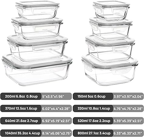 8-Pack Glass Meal Prep Containers with Leak-Proof Locking Lids – BPA-Free, Oven & Microwave Safe