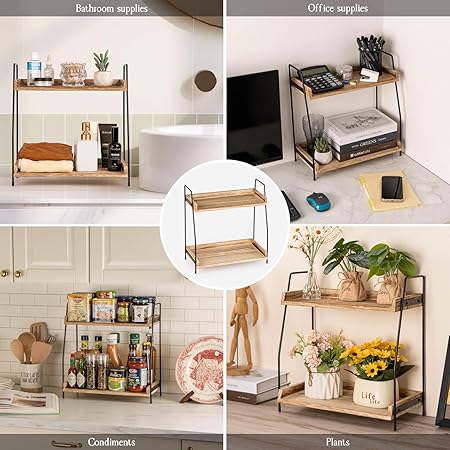 2 Tier Coffee Station Organizer for Countertop – Wooden Coffee Bar Storage, Brown