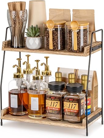 2 Tier Coffee Station Organizer for Countertop – Wooden Coffee Bar Storage, Brown