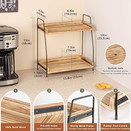 2 Tier Coffee Station Organizer for Countertop – Wooden Coffee Bar Storage, Brown
