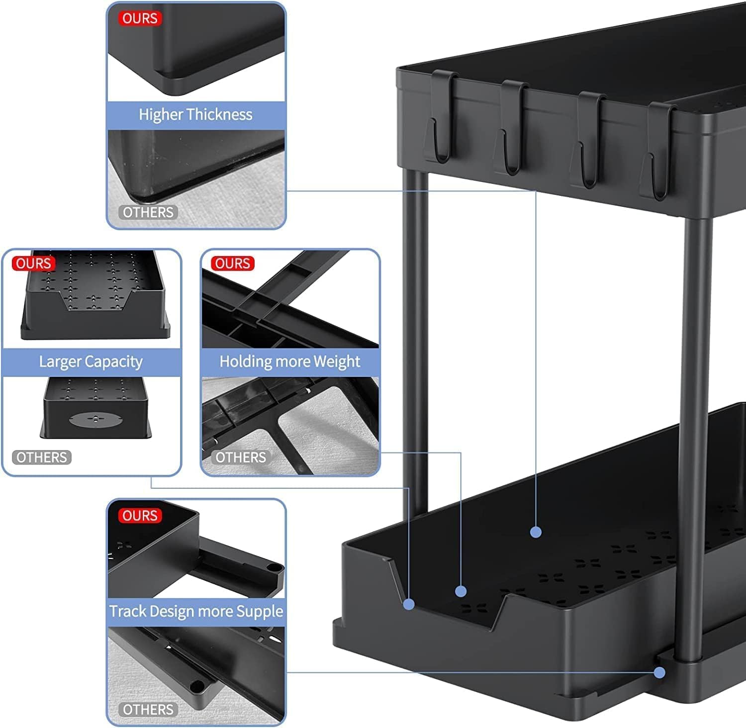 2-Tier Under Sink Organizer with Sliding Basket – Bathroom & Kitchen Cabinet Storage