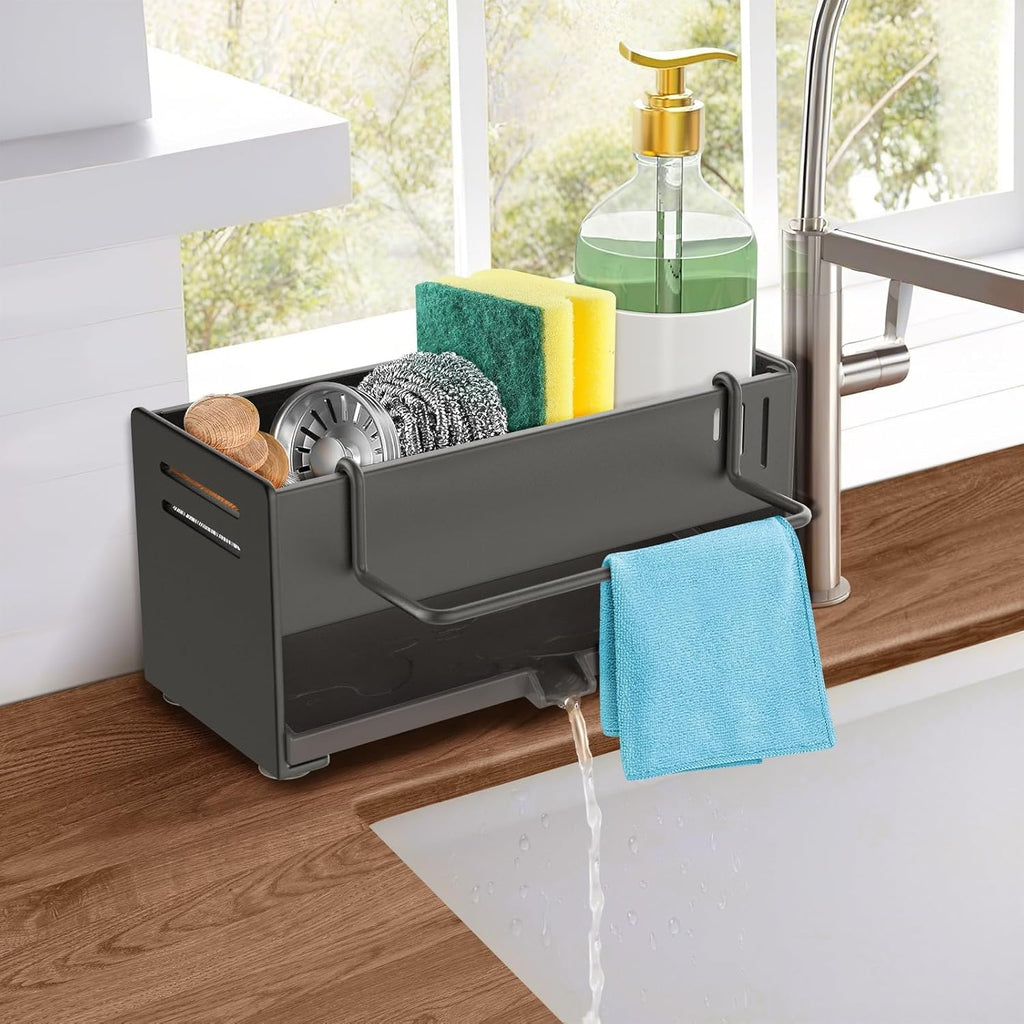 Kitchen Sink Organizer with Drain Pan – Carbon Steel Sponge & Dishcloth Holder