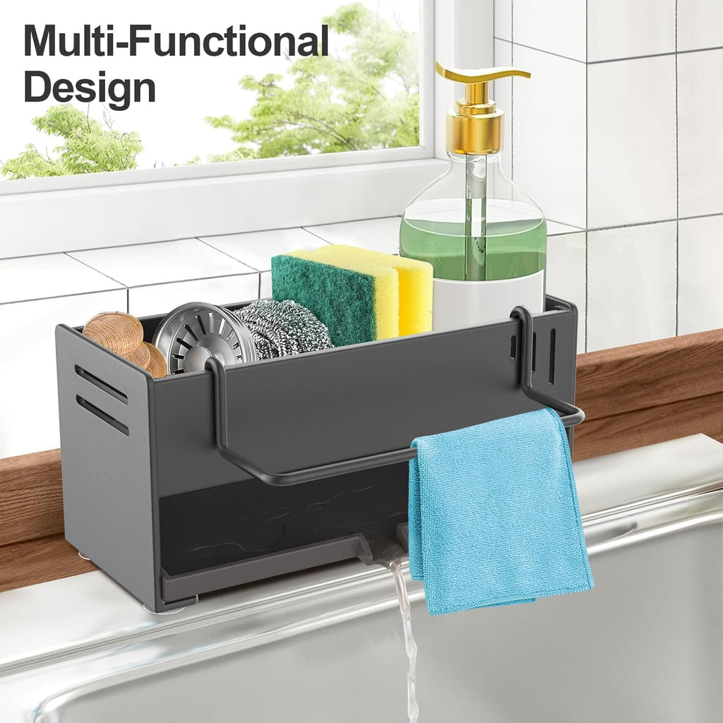 Kitchen Sink Organizer with Drain Pan – Carbon Steel Sponge & Dishcloth Holder