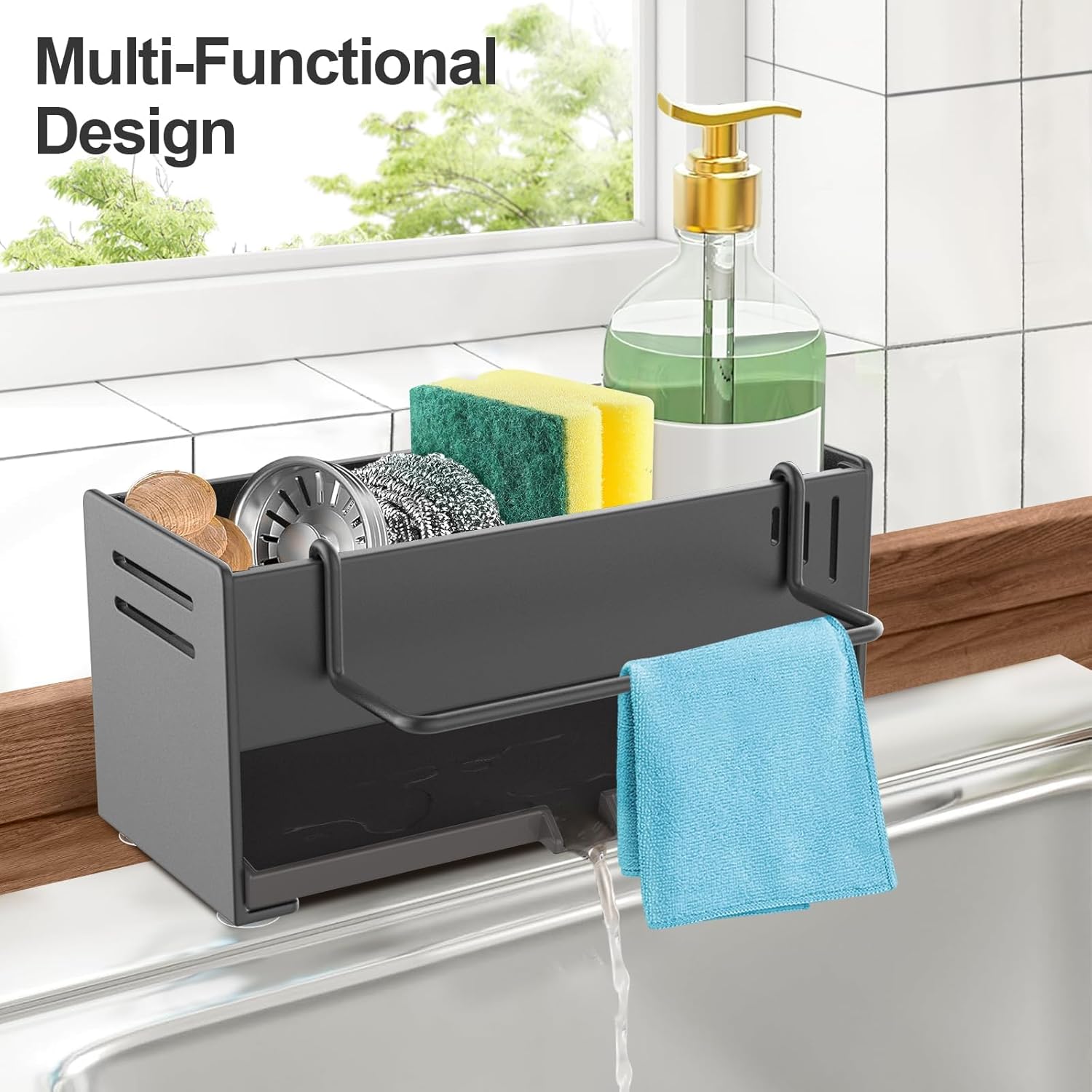 Kitchen Sink Organizer with Drain Pan – Carbon Steel Sponge & Dishcloth Holder