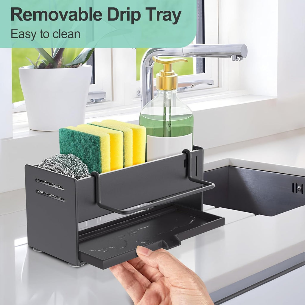 Kitchen Sink Organizer with Drain Pan – Carbon Steel Sponge & Dishcloth Holder