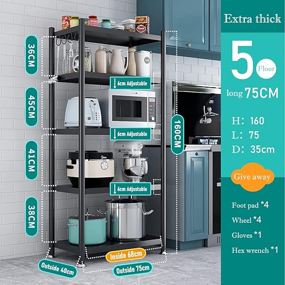 5-Tier Adjustable Storage Shelf Rack with Wheels & Hooks – Heavy Duty Stainless Steel