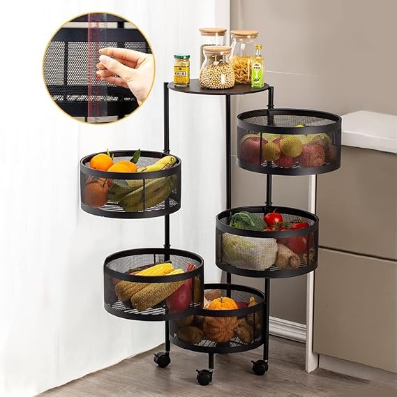 5-Tier Rotating Kitchen Storage Shelf with Wheels – Black