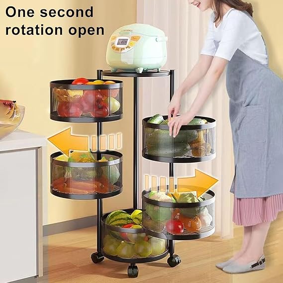 5-Tier Rotating Kitchen Storage Shelf with Wheels – Black
