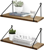Set of 2 Rustic Wooden Wall Shelves – Metal Bracket Floating Shelves