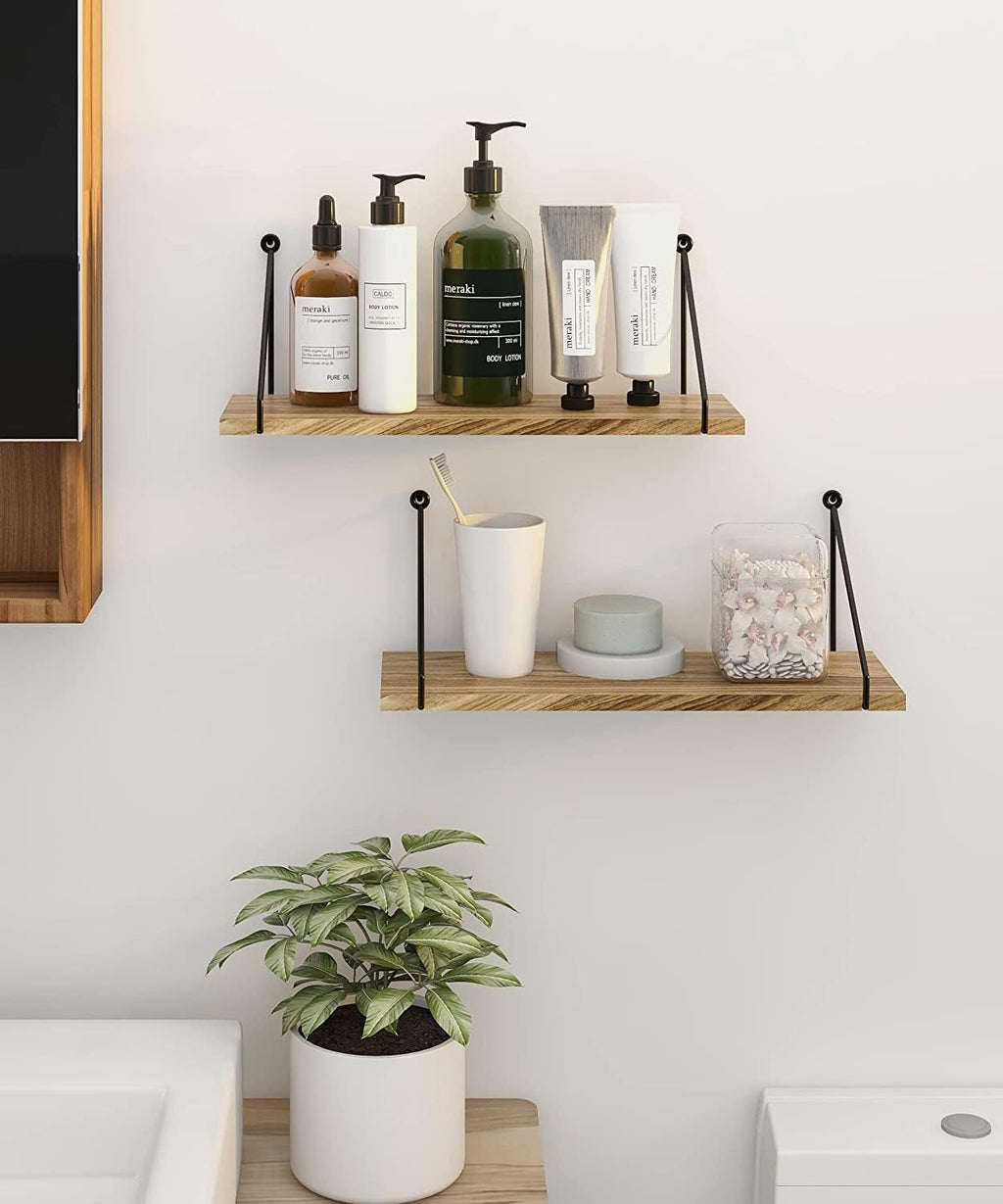 Set of 2 Rustic Wooden Wall Shelves – Metal Bracket Floating Shelves