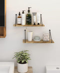 Set of 2 Rustic Wooden Wall Shelves – Metal Bracket Floating Shelves