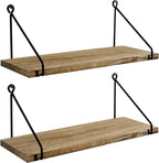 Set of 2 Rustic Wooden Wall Shelves – Metal Bracket Floating Shelves