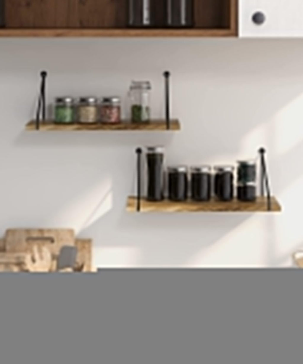 Set of 2 Rustic Wooden Wall Shelves – Metal Bracket Floating Shelves