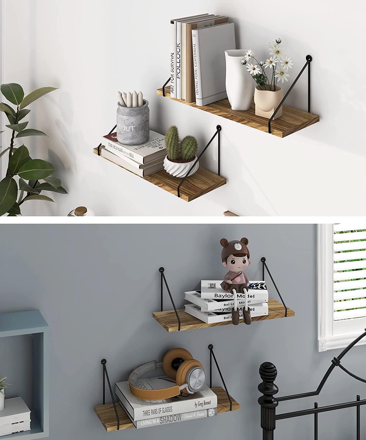 Set of 2 Rustic Wooden Wall Shelves – Metal Bracket Floating Shelves