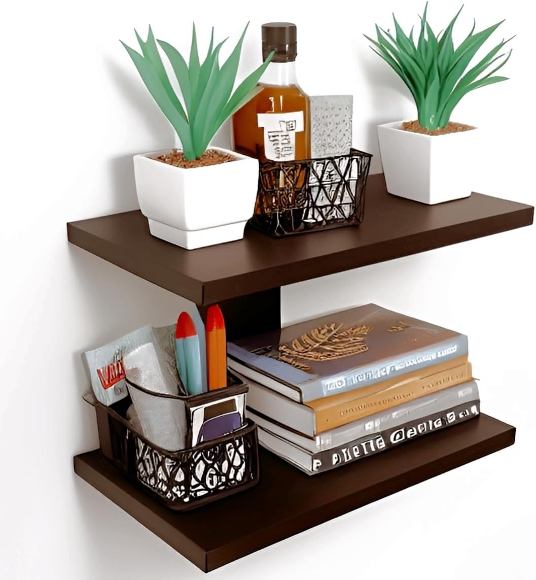 Dime Store Engineered Wood Floating Wall Shelf – Glossy Brown, Set of 1